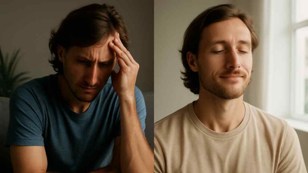 Split image of a man indoors: on the left, he appears stressed, resting his forehead on his hand; on the right, he looks relaxed with his eyes closed.
