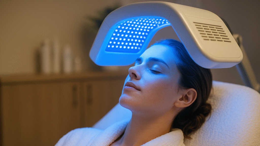 Blue light therapy session for acne-causing bacteria and clearer skin.