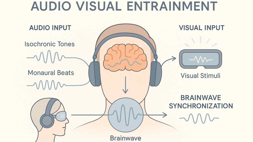 Illustration of audio-visual entrainment process. A person wears headphones and glasses. Labels show audio input, visual input, brainwave synchronization.