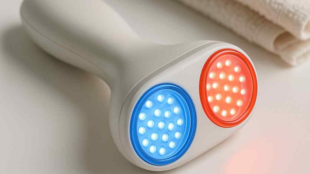 A handheld LED light therapy device with two circular panels emits blue and red lights. The device rests on a light surface, conveying a clean, modern feel.