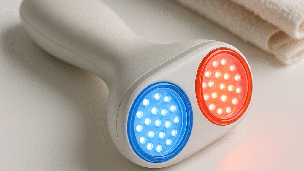 Handheld red and blue light therapy device used for targeted skin treatments and combination LED skincare.