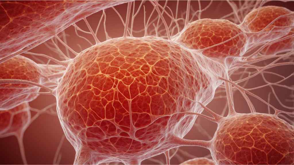 Close-up of interconnected neurons, with red cell bodies and branch-like extensions against a warm background, conveying a sense of complexity and connection.