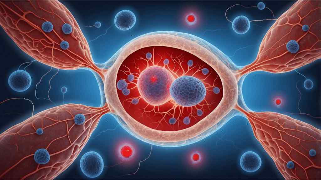 Abstract depiction of a biological cell division. Central red cell with two nuclei, surrounded by blue and red cells, highlighting cellular activity.
