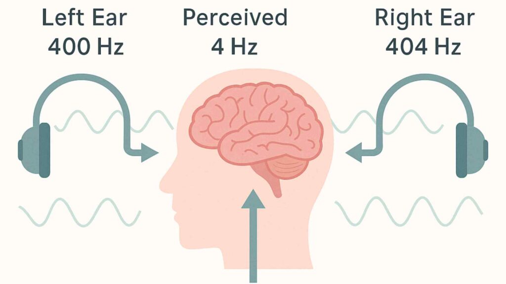 Diagram showing a human head with a brain in the center, headphones on each side. Left ear hears 400 Hz, right ear 404 Hz, brain perceives 4 Hz.