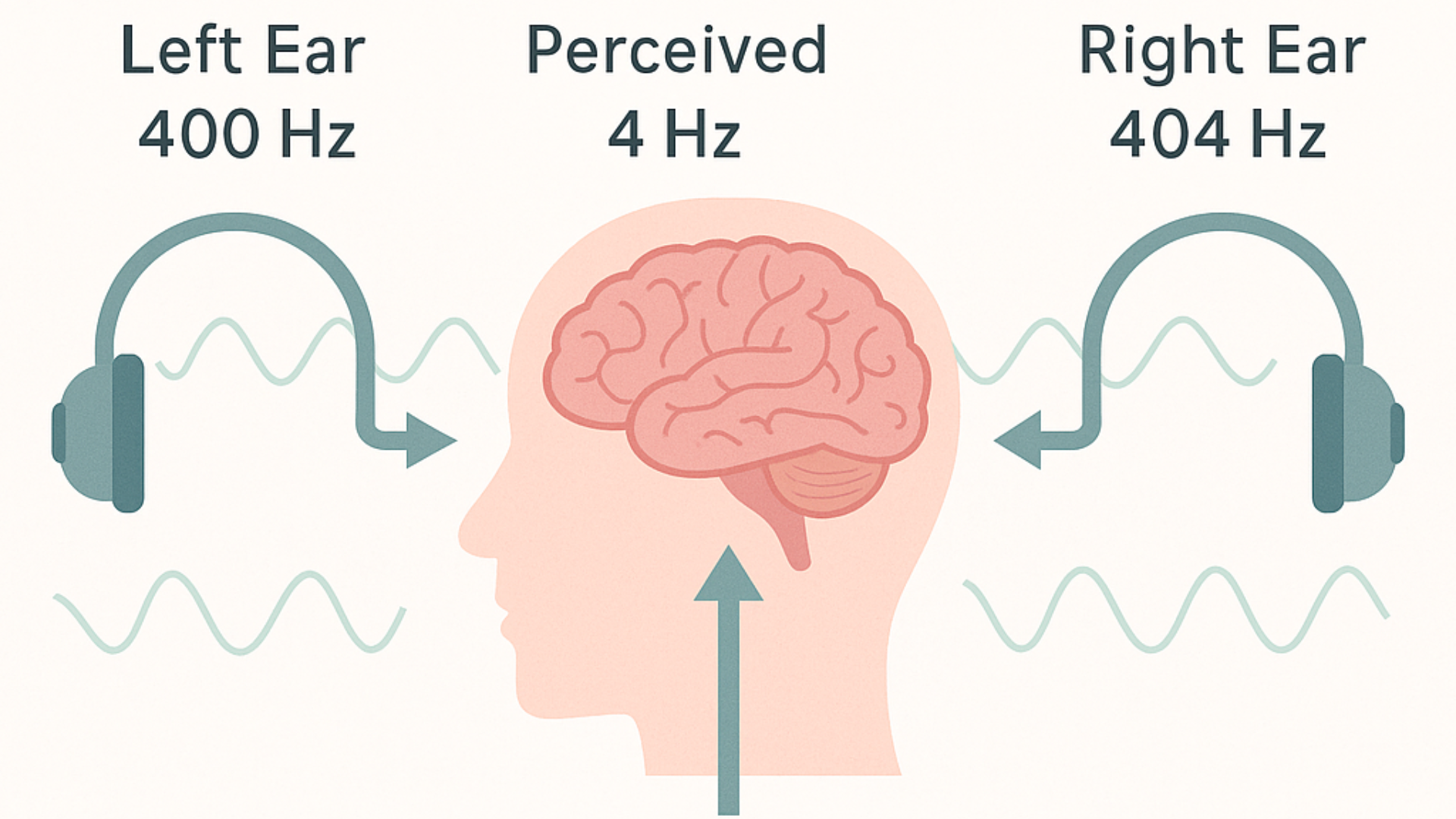 Illustration of binaural beats showing two tones entering the ears and the brain syncing to a 4 Hz frequency.