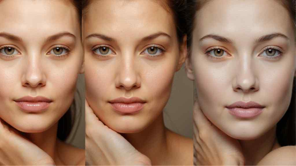 Three close-up portraits of a woman with subtle differences in lighting and skin tone. She touches her face gently, conveying calmness and confidence.
