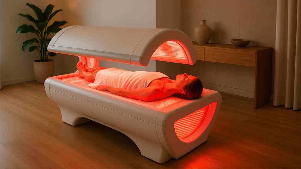 A person lies relaxed on a red light therapy bed in a serene room with wooden floors and a potted plant, exuding a calm, soothing atmosphere.