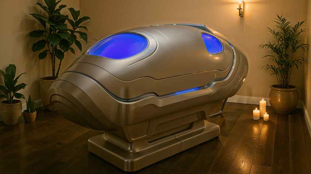 A futuristic, pod-like device with glowing blue windows sits in a softly lit room. Surrounded by potted plants and candles, it exudes a serene, sci-fi ambiance.