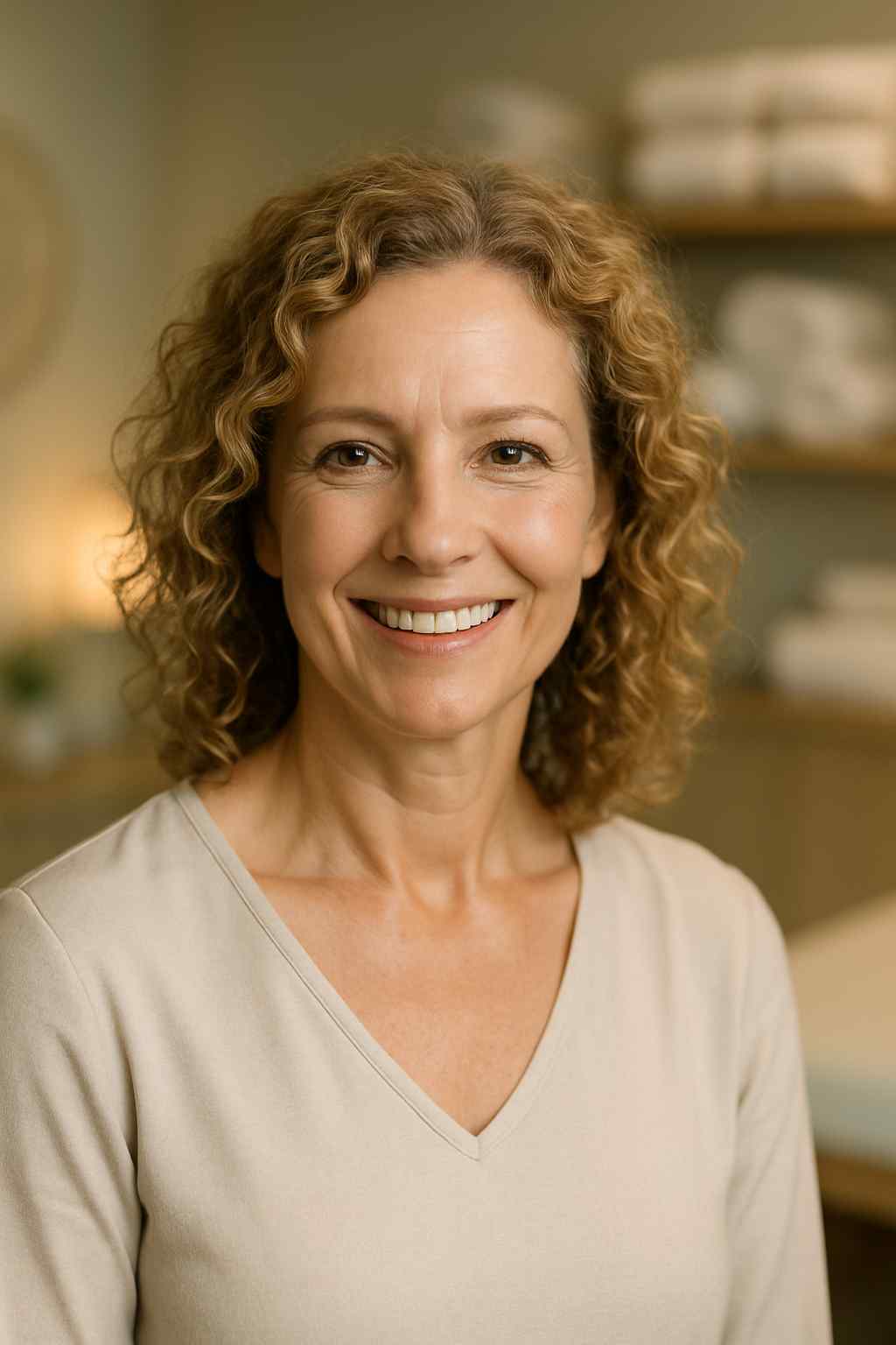 Smiling woman with curly hair wearing a beige top in a cozy room with soft lighting. Shelves with towels in the blurred background convey warmth.
