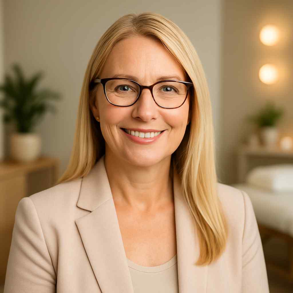 Smiling woman with glasses and blonde hair in a beige blazer, standing in a softly lit room with plants and warm lighting in the background. Professional and friendly tone.