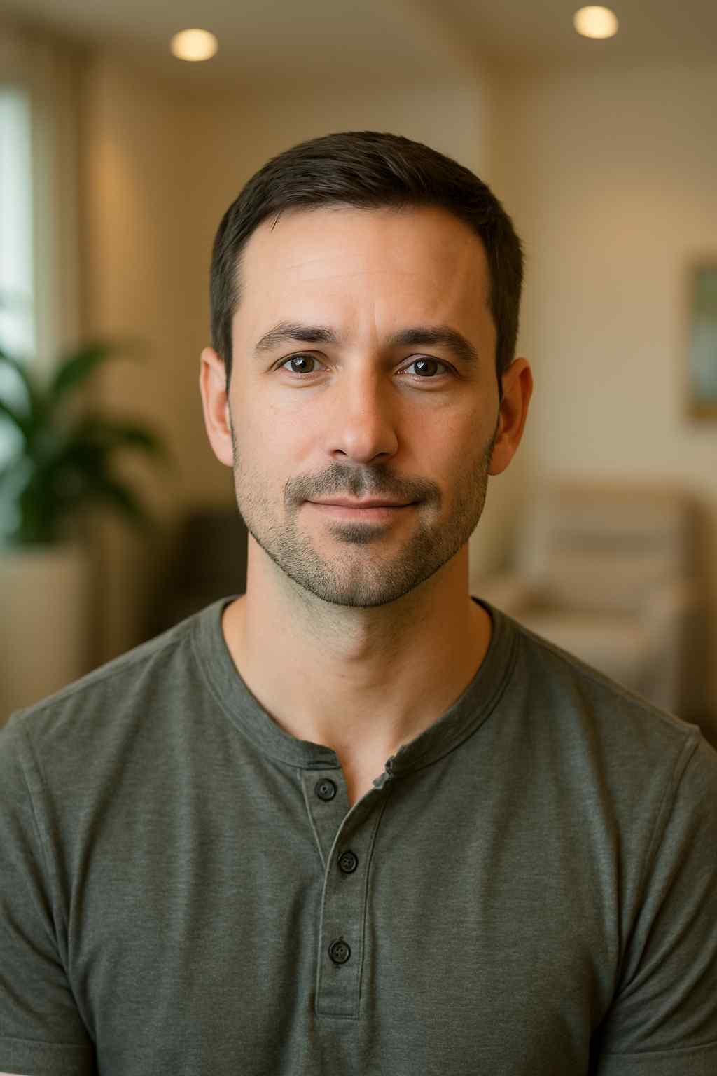 A man with short dark hair and a trimmed beard smiles softly, wearing a gray henley shirt. He is in a warmly lit room with blurred plants and furniture.