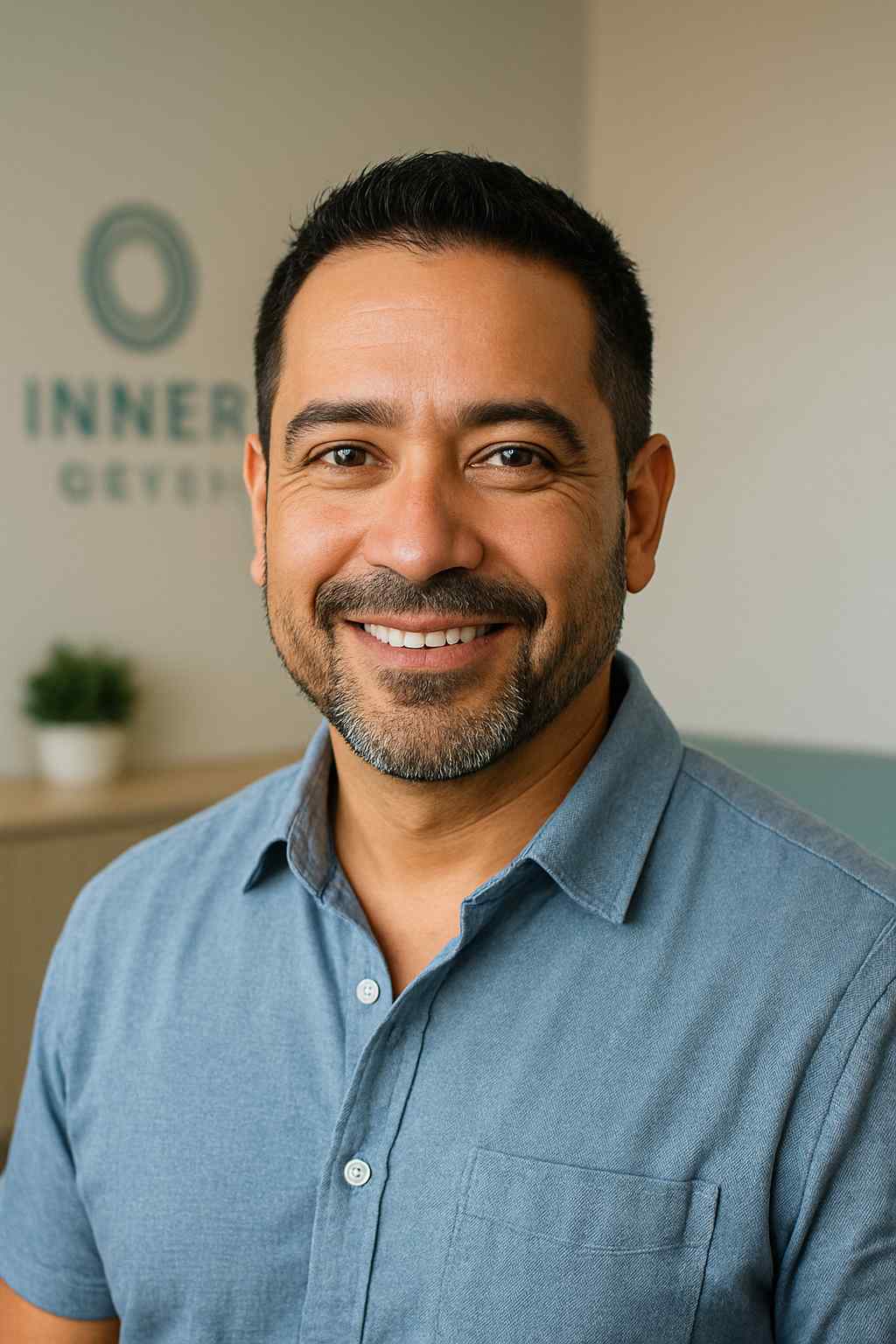 Smiling man with short hair and beard, wearing a blue shirt. He stands in a modern office setting with a blurred logo and plant in the background.