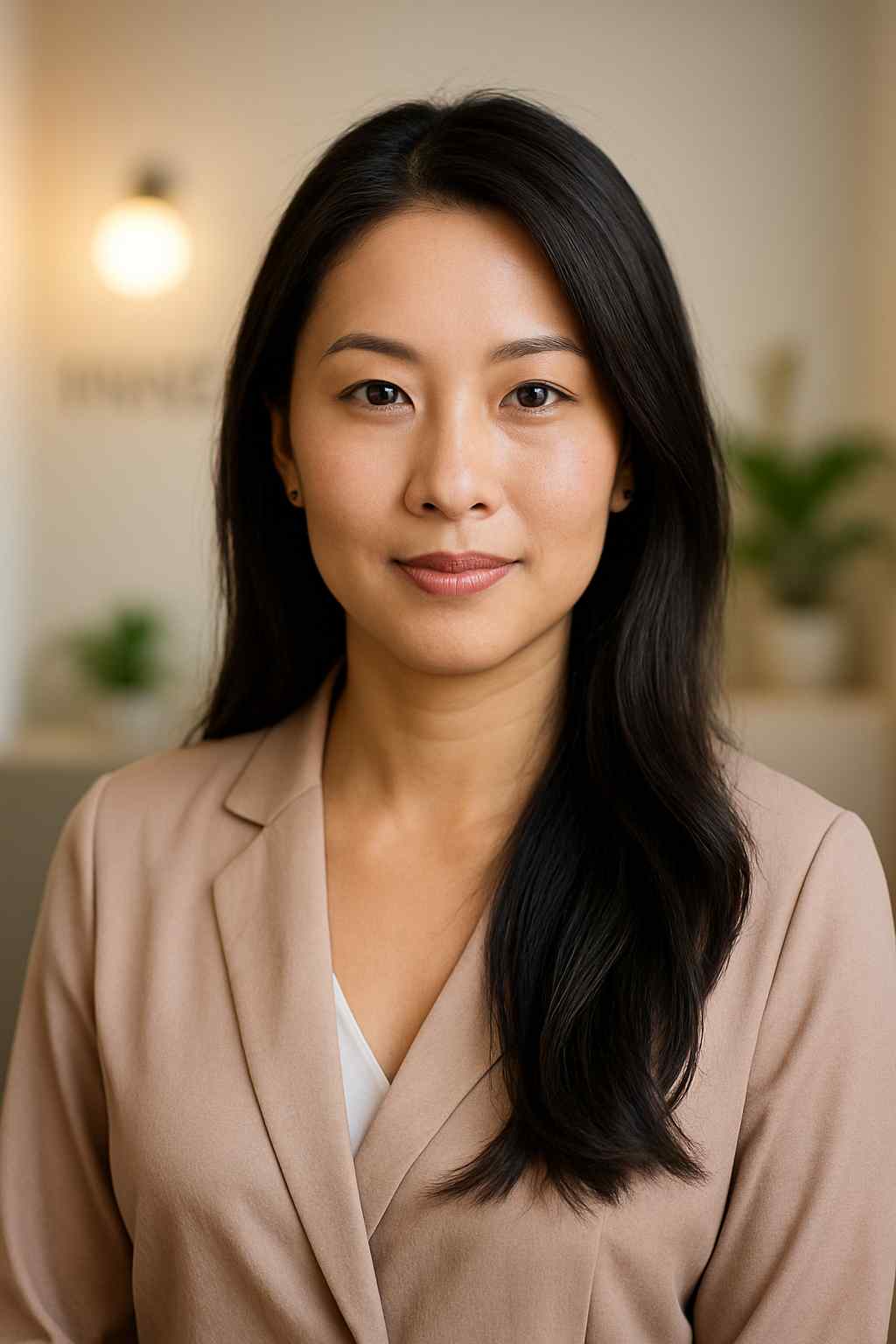 Portrait of a confident woman with long dark hair in a beige blazer, standing in a softly lit room with warm tones and blurred greenery in the background.