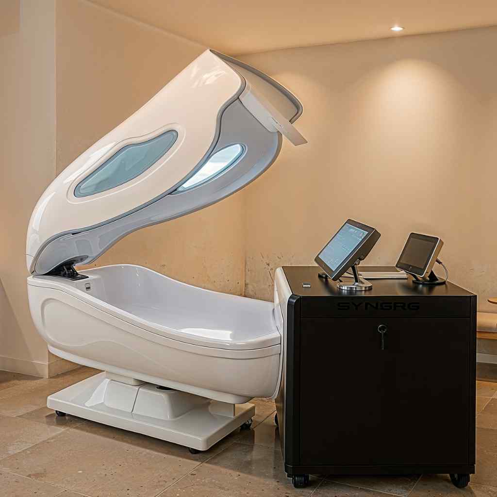 Sleek white pod open in a warm-lit room, paired with a black control unit featuring two screens. The setting conveys a modern, futuristic spa ambiance.