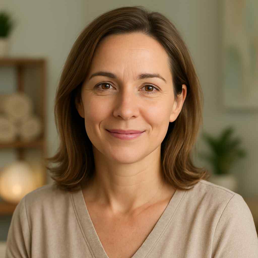 Smiling woman with shoulder-length brown hair, wearing a beige top. She appears calm, sitting in a softly lit room with blurred plants in the background.